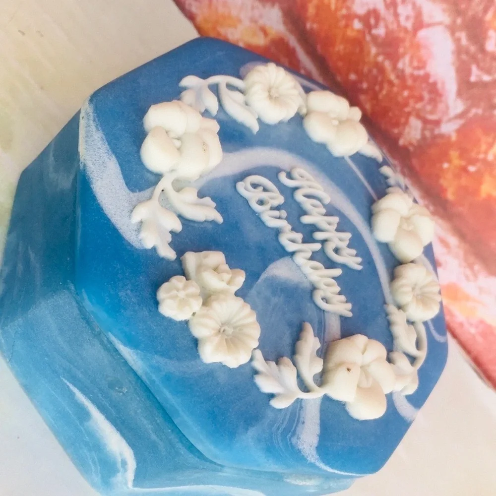 Vintage Blue and White Floral Embossed Happy Birthday Incolay Stone Trinket Box